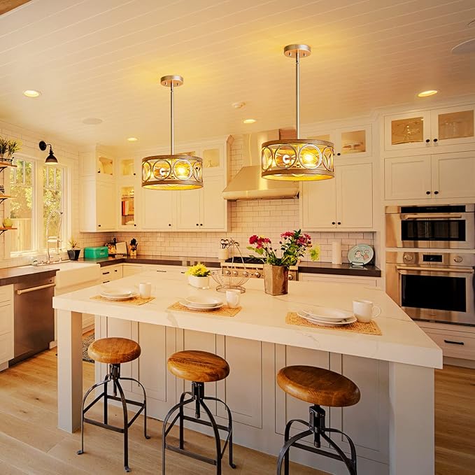 XINGQI 13" Rustic Drum Pendant Lighting Fixture Modern Chandelier 3-Light Height Adjustable Ceiling Lamp for Dining Room Kitchen Island Living Room Bedroom Foyer Hallway, Brushed Nickel