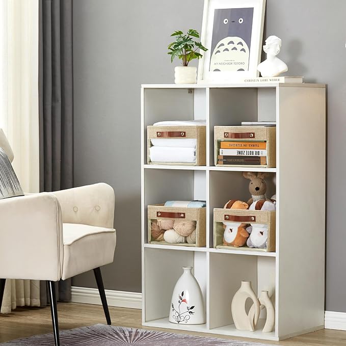 Medium Storage Baskets with Clear Window, See Through Closet Organizer with PU Handles, Linen Foldable Storage Bins for Organizing Clothes, Toys, Books (Khaki)