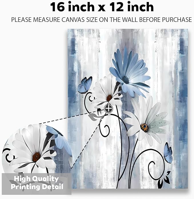 Blue Flowers Canvas Wall Art Bathroom Wall Decor, Blue and White Daisy Flower and Butterfly Canvas Wall Art Framed Artwork Ready to Hang for Living Room Bedroom Decor, 12x16in