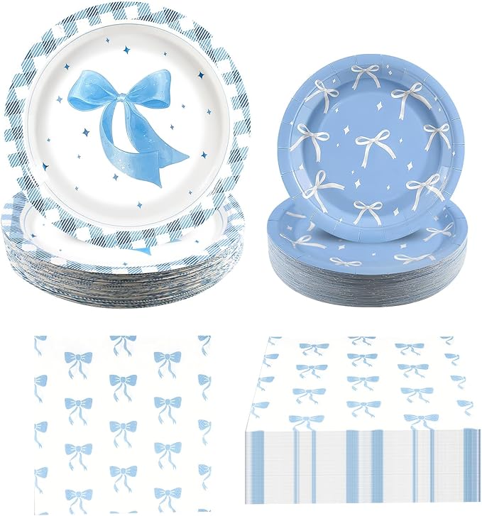 180Pcs Blue Bow Party Supplies Paper Plates and Napkins Serve 60 Disposable Tableware Set for Birthday Party Decorations Game Day Family School Holiday Sports Events