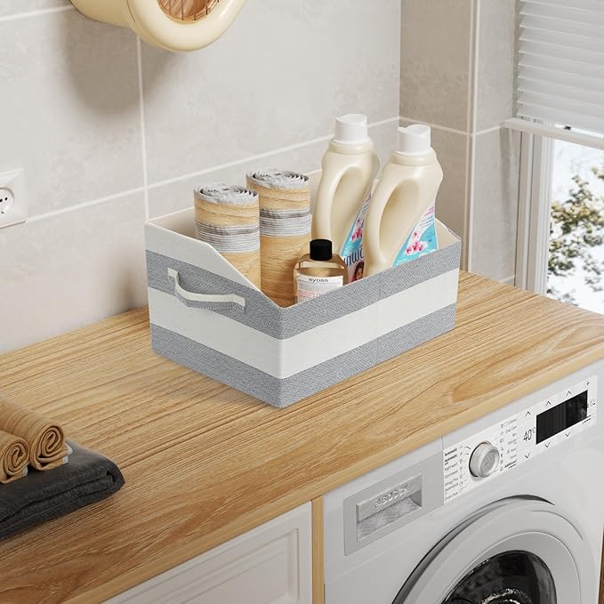 Linen Closet Organizers and Storage, Trapezoid Fabric Bins, Home Office Organization Baskets Striped Collapsible Box with Handles for Clothes, Blanket, Books, DVD, 4 Pack, Gray/White