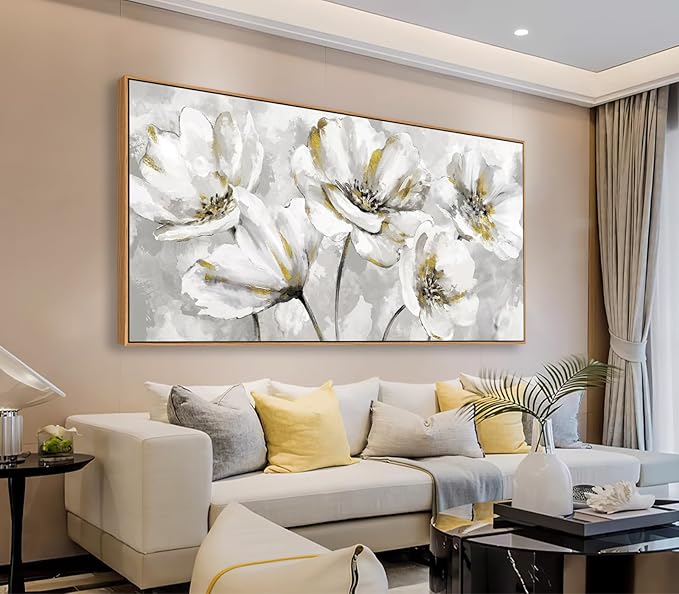 arteWOODS Flowers Framed Wall Art - Gray White Flowers with Yellow Accents Canvas Pictures Wall Decor Botanical Painting Artwork Elegant Floral Prints Living Room Bedroom 48 x 24in Natural Wood Frame