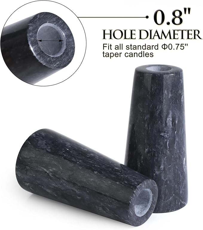 HofferRuffer Marble Candlestick Holders，Set of 2 Natural Stone Candle Holder Decorative Candle Stands for Wedding, Dinning, Party, Table Centerpieces, Fit 3/4'' Thick Taper Candles (Black)