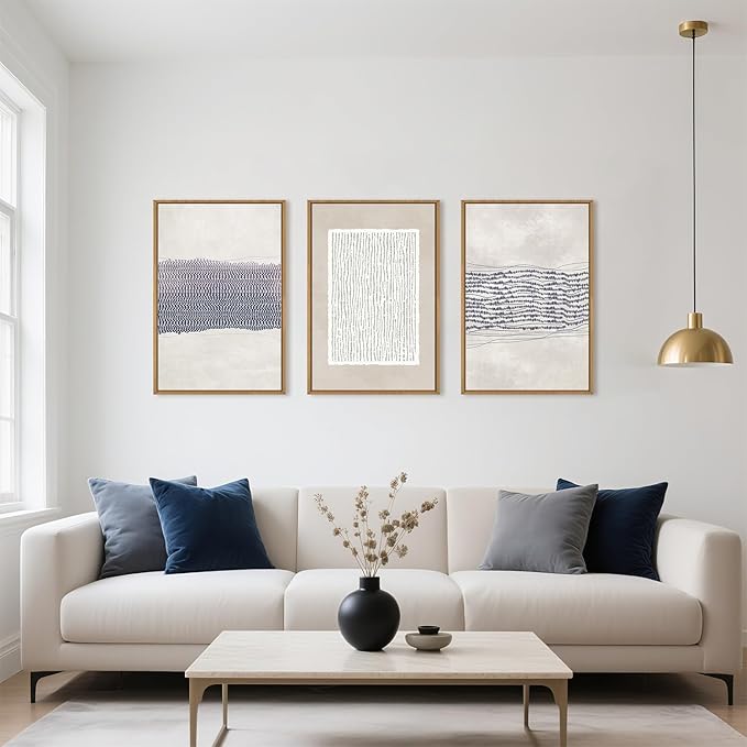 HOURIA Blue White Abstract Neutral Framed Canvas Wall Art Set,Minimalist Boho Waves Lines Wall Decor,Modern Geometric Shapes Print,Mid Century Grunge Artwork for Living Room,Bedroom,Office- 24"x36"x3