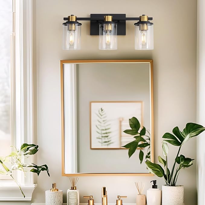 LOUSACE Bathroom Lighting Fixtures Black and Gold 3 Light Bathroom Vanity Light Over Mirror with Clear Glass Shades, Brushed Gold Socket Wall Vanity Lighting Fixtures for Bedroom Living Room