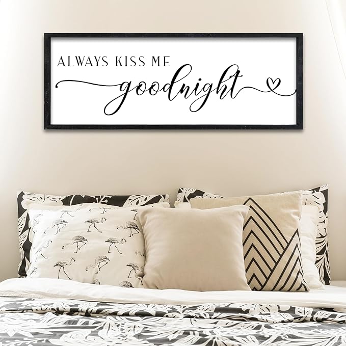Surfapans Master Bedroom Above Bed Wall Decor 32"×12" Always Kiss Me Goodnight Sign Rustic Farmhouse Couples Over Bed Romantic Love Quotes Modern Large Wood Frame Horizontal Wall Hanging Art (Black