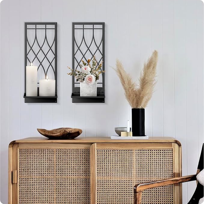 Wall Candle Holder, Black Metal Wall Art, Line Wall Candle Holder for Living Room, Dining Room, Bedroom, Bathroom (2 Pack, 16.5 x 7 in)