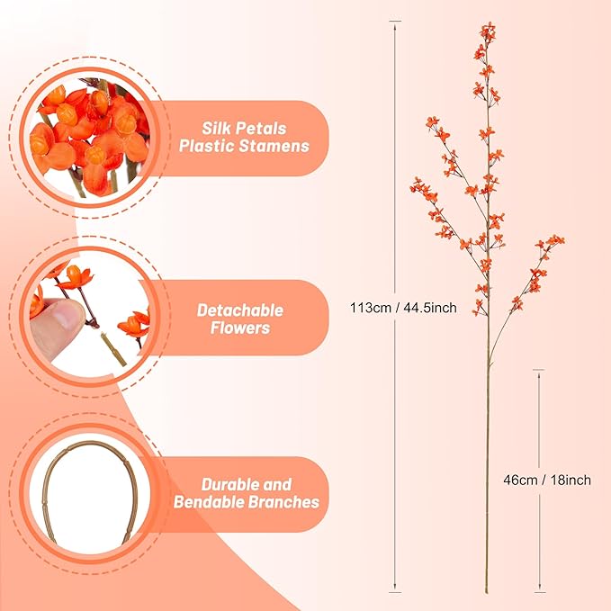 4Pcs Fake Flowers Blossom Branches Artificial Flowers for Indoor Decor, Faux Long Stem Realistic Indoor Plants for Vase Wedding Home Office Bedroom Party Table Centerpieces Decor