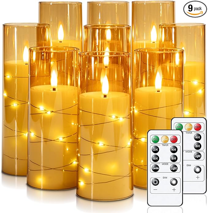 Raycare Flameless LED Candles with Embedded Star String, 9 Pcs Battery Operated Acrylic Pillar Candles with Timer and Remote, Flickering Candle for Romantic Ambiance and Home Decoration(Glod)