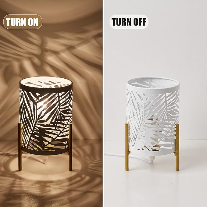 OuXean Decorative Table Lamp, Golden Tripod Stand with White Metal Hollowed Lampshade, Night Light for Bedside, E12 40W, No Bulb