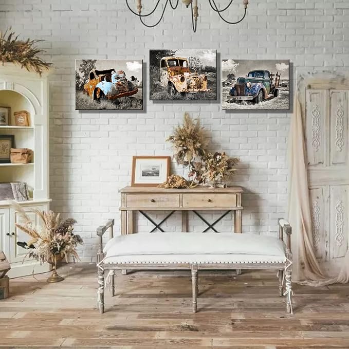 YUANAND Rusty Truck Canvas Wall Art - Vintage Blue Car Pictures Living Room Decor - Country Style Artwork Framed Posters Paintings