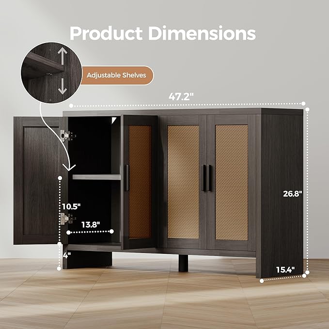 Rattan Buffet Cabinet with Storage, Sideboard with Doors, TV Stand, Farmhouse Side Board Coffee Bar, Modern Wood Storage Cabinets for Livingroom, Kitchen and Dining Room (Black)