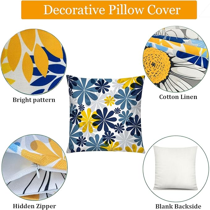 Navy Orange Throw Pillow Cover 18x18 Set of 6, Grey Blue Pillow Covers, Daisy Dahlia Pillowcase, Square Cushion Covers for Couch Sofa Living Room Home