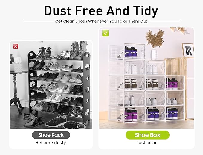 Kuject XX-Large Shoe Storage Boxes Organizers Clear Plastic Stackable 12 Pack, Shoe Rack & Holder Substitute, Sneaker Containers, Toy Storage Organizer Bins for Entryway, Closet, Under Bed, White