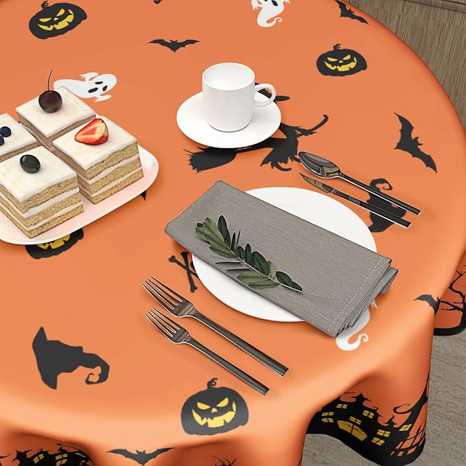 Kawani Halloween Tablecloth Round 60 Inch Orange Table Cloths Halloween Bat Castle Decorative Table Cover Durable Table Cloth Round Cover for Kitchen Dining Room Holiday Tablecloth for Dinner Party