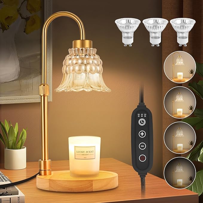 Candle Warmer Lamp with Timer & Dimmer, Adjustable Height Electric Candle Warmer with 3 Bulbs,Compatible with All Size Scented Candles, Wax Melt Warmer for Bedroom,Home Decor House Warming Gifts