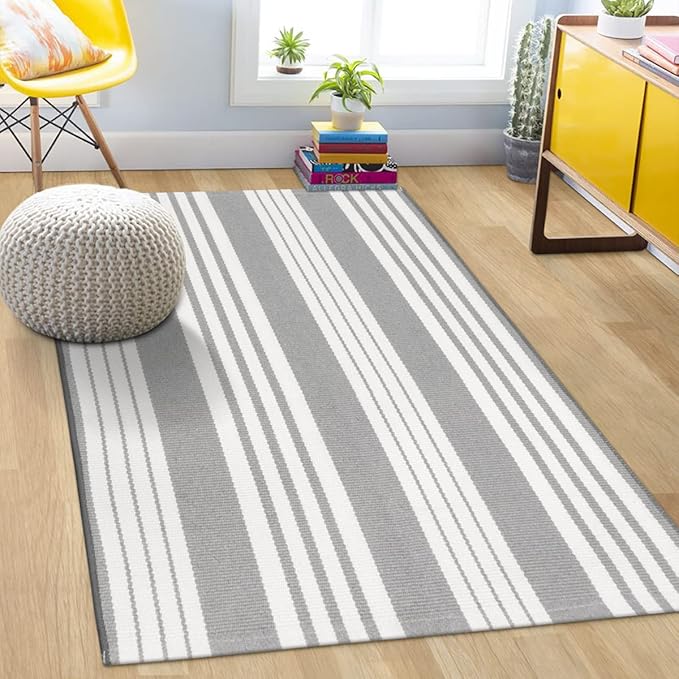 OJIA Entryway Rug 3'x5' Cotton Hand Woven Fall Front Door Mat Halloween Doormat Machine Washable Outdoor Rugs Grey and White Striped Entry Rug Porch Rugs for Farmhouse/Bedroom/Home Entrance Decor