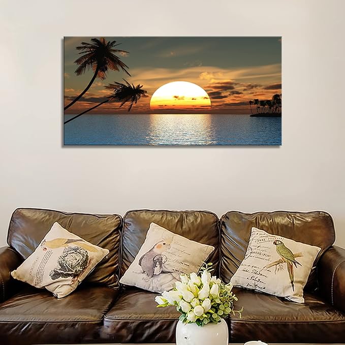 DZL Art S75650 Sunset Coconut Palm Trees Canvas Wall Art Palm Trees on the small island Tropical Scenery Nature Canvas prints Pictures for Living Room Home Office Wall Decor Artwork