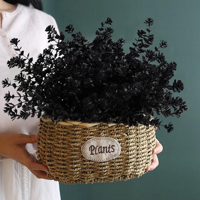Black Artificial Flowers, Fake Outdoor UV Resistant Plants Faux Plastic Greenery Shrubs Indoor Outside Hanging Planter Home Kitchen Office Wedding, Garden Decor (Black)