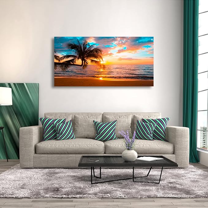 Beach Sunset Pictures Canvas Wall Art For Living Room Bedroom Wall Decor,Sunset Wall Art Print Paitnings For Home Decor,Morden Artwork Palm Cloud Canvas Art Waterproof Ready To Hang-20X40Inches
