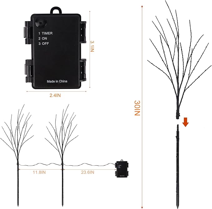 Lighted Halloween Tree Branches, 30IN 100LED Artificial Black Twig Branch with Orange Fairy Lights, Built-in Timer & Battery Operated, Waterproof for Indoor Outdoor Office Bedroom Party Decorations