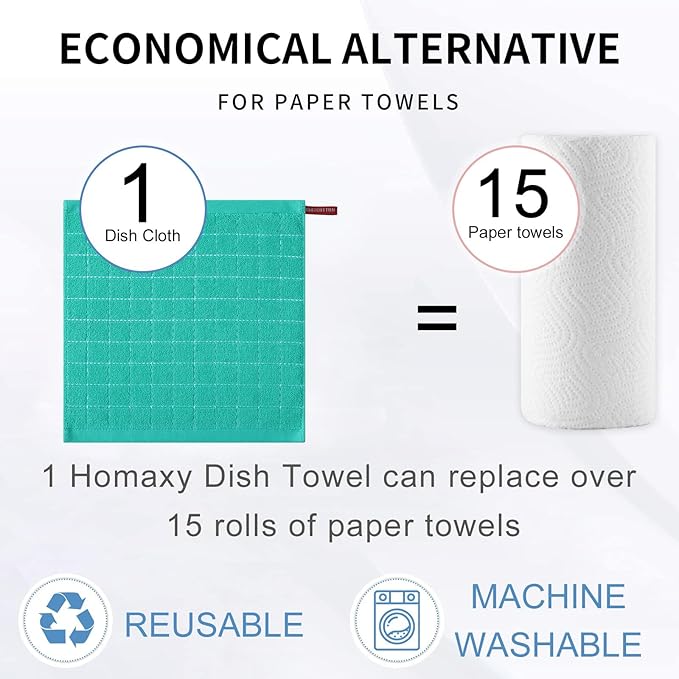 Homaxy 100% Cotton Terry Kitchen Dish Cloths, Ultra Soft and Absorbent Dish Towels for Kitchen, Suitable for Drying and Washing Dishes, 6 Pack, 12 x 12 Inches, Turquoise