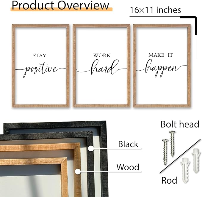 SRSZHIYUE Office Motivational Decor 16"×11" Set of 3 Stay Positive Work Hard Make It Happen Inspirational Quotes Wooden Framed Wall Hanging Art (Wood)