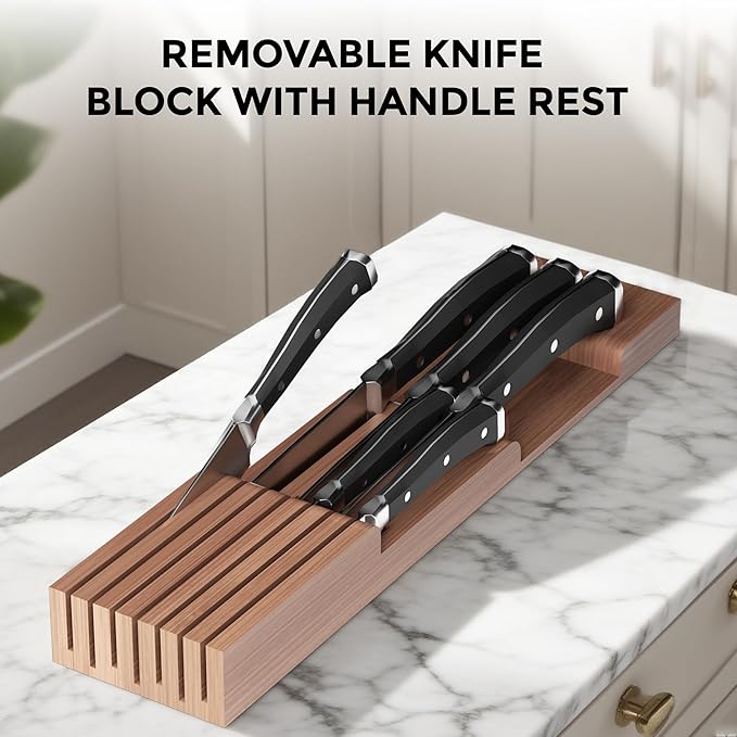 Bamboo-Silverware-Drawer-Organizer-Kitchen, Expandable Utensil Holder Cutlery Tray Flatware Organization Adjustable Wood Tableware Dividers Storage (with Removable Knife Block)(Brown)