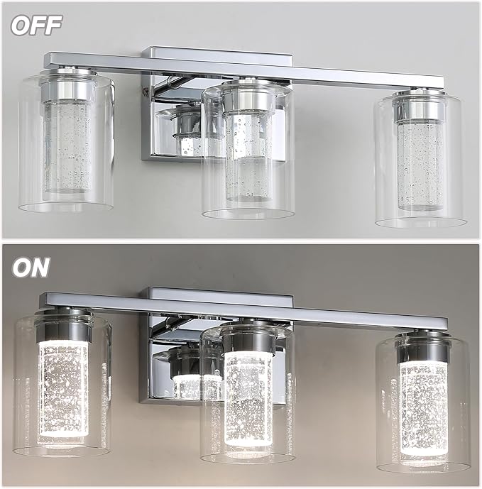 3 Light Chrome Bathroom Light Fixture, Dimmable 5CCT Chrome Bathroom Vanity Lights, 2700K-6500K Modern Crystal Bubble LED Wall Sconce Over Mirror with Clear Glass for Bedroom, Living Room