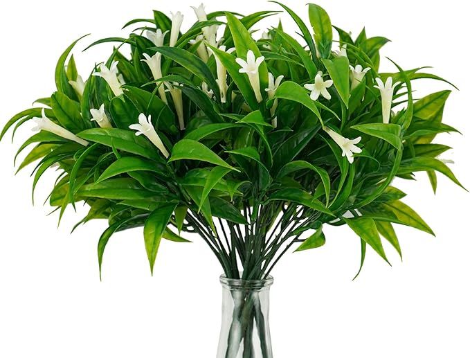 Uieke 6Pcs Outdoor Artificial Plants UV Resistant Fake Morning Glory Plastic Plants Shrubs Greenery Foliage for Hanging Planter Garden Patio Sidewalk Décor White