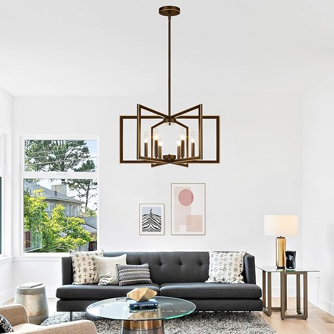 25" Modern Brown Chandelier for Dining Room (6-Light, 25-Inch), Geometric Brown Dining Room Light Fixture Over Table, Industrial Metal Hanging Pendant Lights for Kitchen Island, Entryway, Foyer