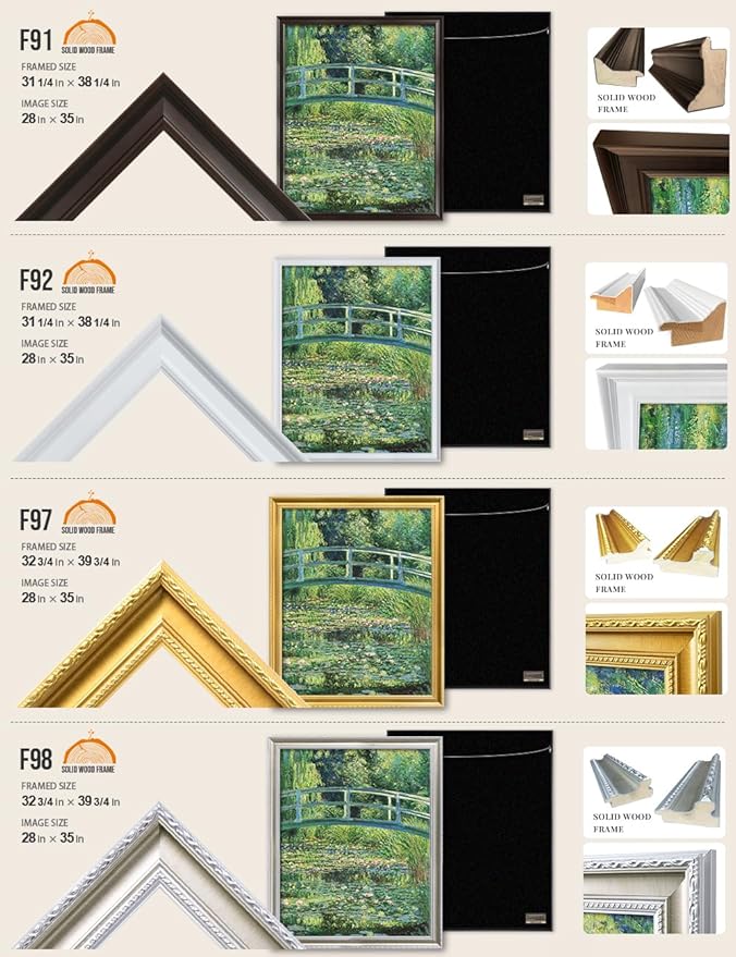 DECORARTS - Claude Monet The Japanese Bridge, Large Framed Wall Art, Canvas Size 28x35, Outer Dimensions Larger With Customizable Solid Wood Frames, Giclee Canvas Print, Made in USA