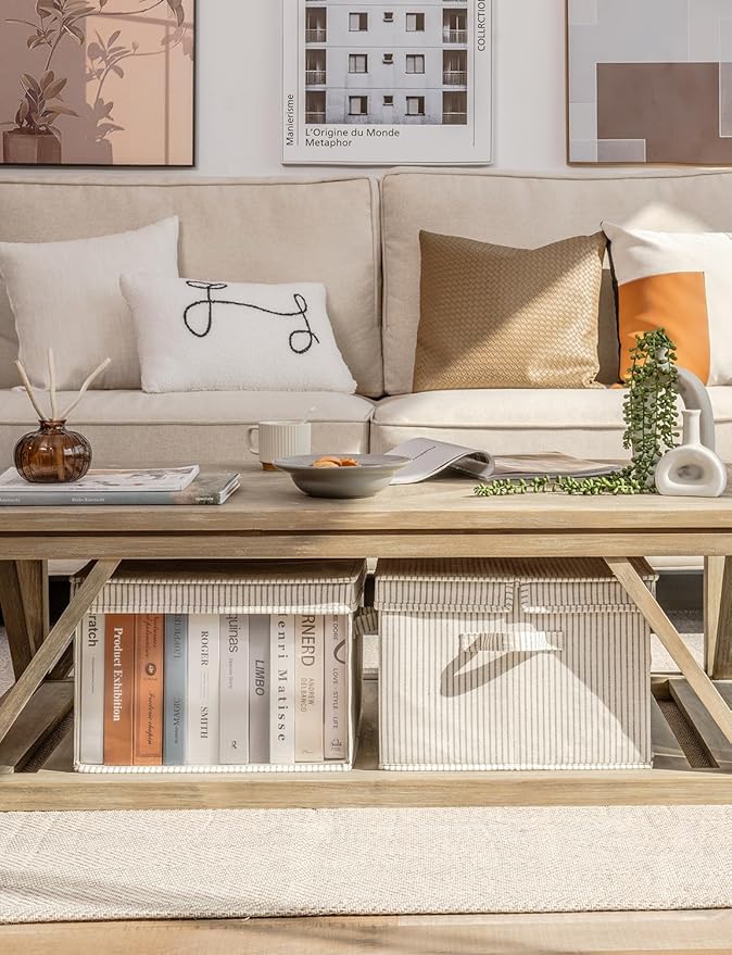 StorageWorks Storage Bins with Lid and Clear Window, Fabric Storage Boxes with Lids, Stackable Basket for Shelves, Closet Organizer and Storage Bins, Gray and White Stripes, Jumbo, 4-Pack