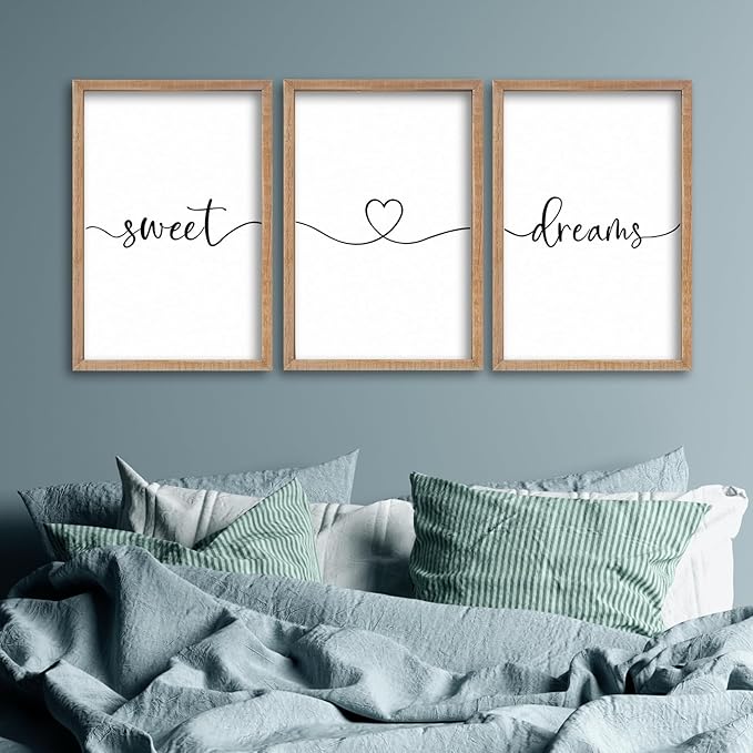 SRSZHIYUE Bedroom Above Bed Wall Decor Minimalist Sweet Dreams Sign Set of 3 16''×11'' Small Romantic Modern Farmhouse Hanging Master Bedroom Guest Room Wall Hanging Decoration（Wood）