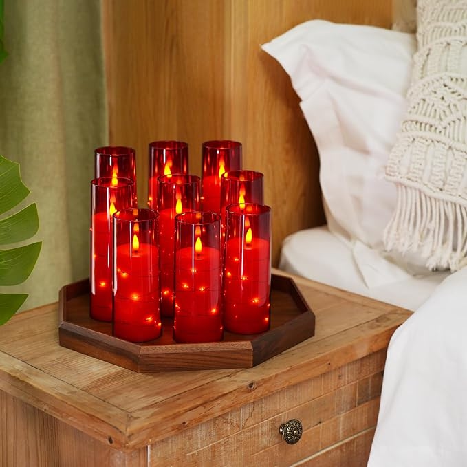 Raycare Flameless Candles with Embedded Star String, 9 Pcs Battery Operated Acrylic Pillar Candles with Timer and Remote, LED Candles for Romantic Ambiance and Home Decoration (Red)