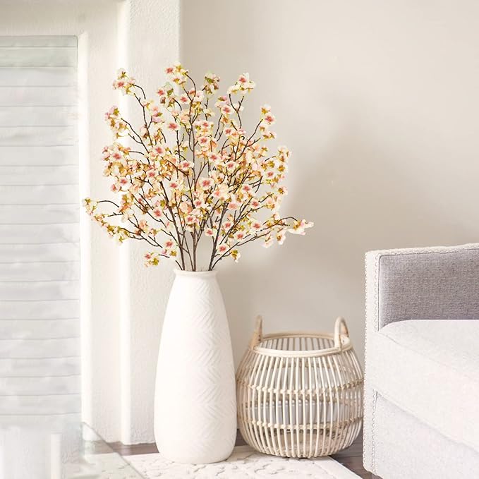 Uieke 3PCS Silk Cherry Blossom Branches, 40.5in Artificial Cherry Blossom Flowers Long Stems Fake Flowers Arrangements for Tall Vase Wedding Home Japanese Decor, Yellow Pink