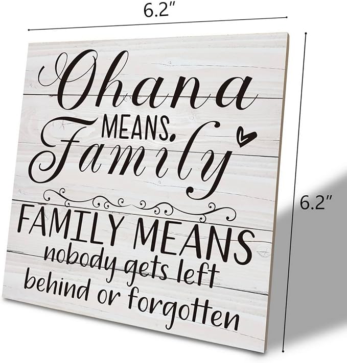 Family Wooden Plaque, “Family Means Nobody Gets Left Behind or Forgotten”, 6.2x6.2 Inch Table Art Sign, Farmhouse Quote Decor for Living Room or Home Tabletop