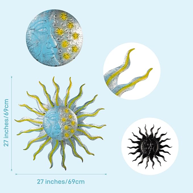 Large Metal Sun Wall Decor Outdoor, 27 Inch Sun and Moon Decor Metal Wall Art, 3D Sun Wall Decor for Patio Garden Yard Fence Bedroom Living Room Decoration