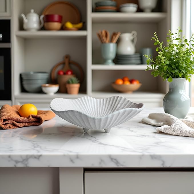 Large Decorative Bowl decor, Scalloped Pedestal Bowls,Modern Home Decor,Ruffle Decor,Stylish Key Bowl for Entry Table,Decorative Fruit Bowl for Kitchen Counter, Light Gray