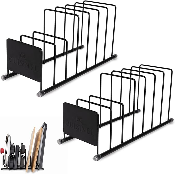 Cuisinel Lid and Dish Organizer Rack - 2-Pack Matte Black Kitchen Storage Organization Stand - Plate Holder, Pan/Pots Covers, Cutting Board and Cookie Sheet Divider - 7-Tier Cabinet/Counter Display