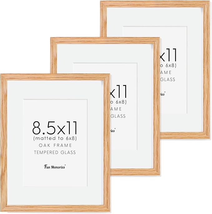 8.5x11 Picture Frame Set of 3, Solid Oak Wood & Tempered Glass, 8.5 x 11 Frame for Wall, Rustic Wood 8.5 by 11 Frames, 8.5x11 Frame with Mat for 6x8, Natural Oak Color