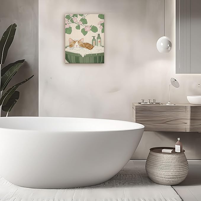 FITIE Funny Orange Tabby Cat Bathroom Canvas Wall Art Poster, Vintage Japanese Aesthetic Floral Cat Framed Artwork Prints Wall Decor for Bathroom Half Bath Washroom, 11x14 Inch