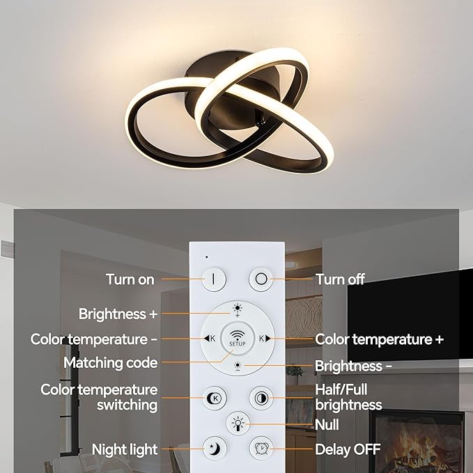 10 Inch Modern Ceiling Light, 24W LED Dimmable Ceiling Light with Remote Control, 3000-6000K Color Temperature Adjustable, Balck Small Chandelier for Bedroom, Entryway, Hallway, Kitchen