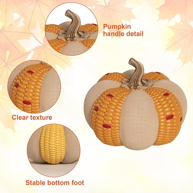Set of 3 Decorative Corn Pumpkins, Fall Resin Stackable Pumpkins for Decorating, Thanksgiving Harvest Autumn Seasonal Outdoor Porch Decor, Indoor Table Centerpiece Mantel Home Decorations