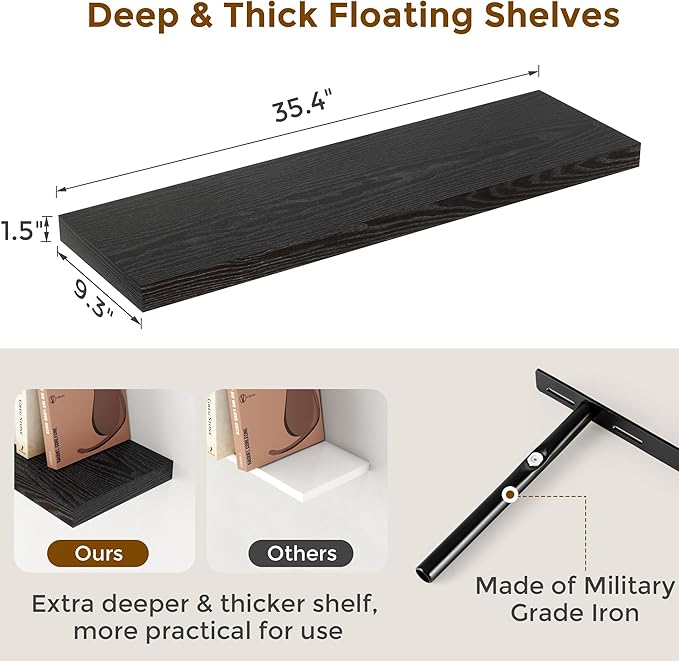 Fun Memories 36 Inch Floating Shelves Black, 9.3 Deep Floating Shelf for Wall, Rustic Black Wall Shelves 36x9.3x1.5 - Set of 2, Large Deep Shelf for Kitchen, Living Room Storage