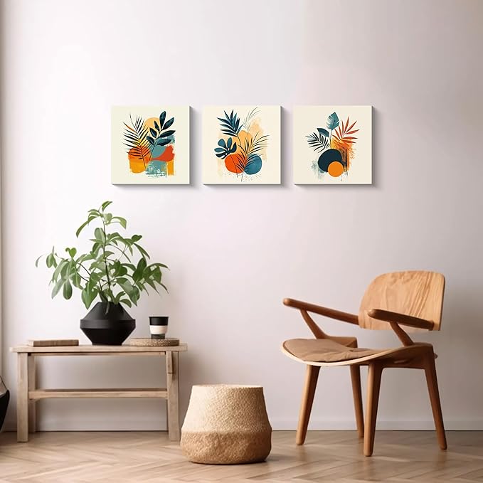 NAN Wind 3Pcs Tropical Leaf Wall Art Palm Frond and Foliage Canvas Print with Bold Orange Teal Yellow Shapes Mid-Century Modern Botanical Plant Pictures for Boho Living Room Bedroom Office Wall Decor