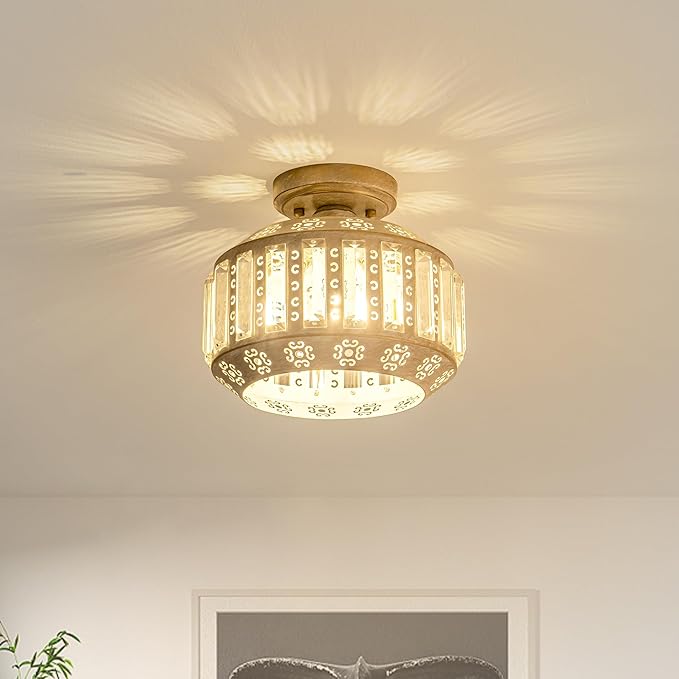 Rustic Crystal Ceiling Light, Semi Flush Mount Ceiling Light in Vintage Brass Finish, Modern Light Fixture for Bedroom, Hallway, Entryway, or Living Room
