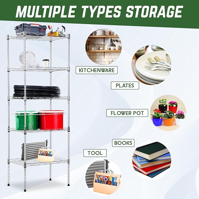 PayLessHere | 5-Tier Wire Shelf | 17"x12"x48" | Chrome | Adjustable Racks | Heavy-Duty Storage Shelves, Holds Upto 750 lbs | Rust-Resistant, No-Tool Assembly | for Home, Garage Shelving