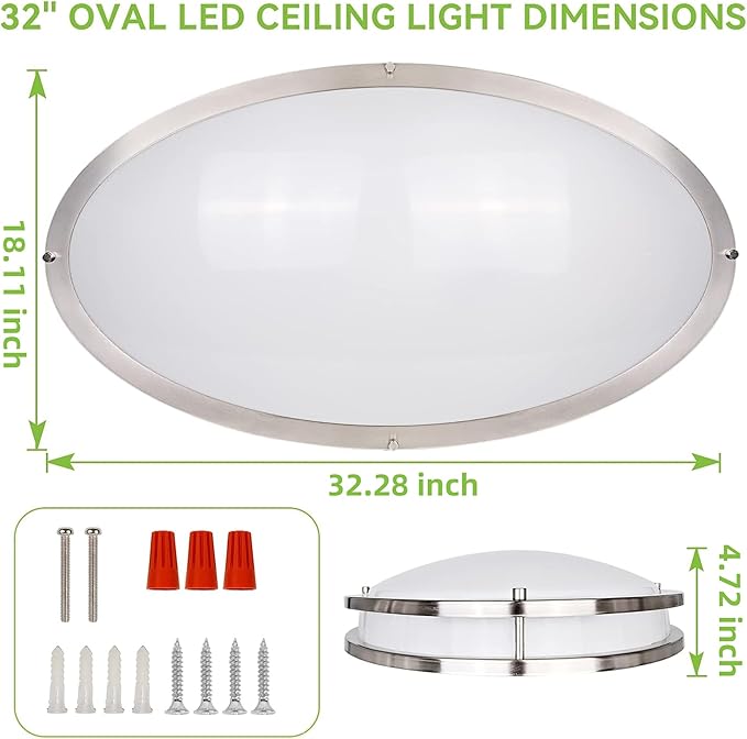 hykolity 32 Inch Oval LED Ceiling Light, 60W, 4000LM, 2700K/3000K/3500K/4000K/5000K Adjustable, Brush Nickel Finish Dimmable Flushmount Ceiling Light for Bedroom, Living Room