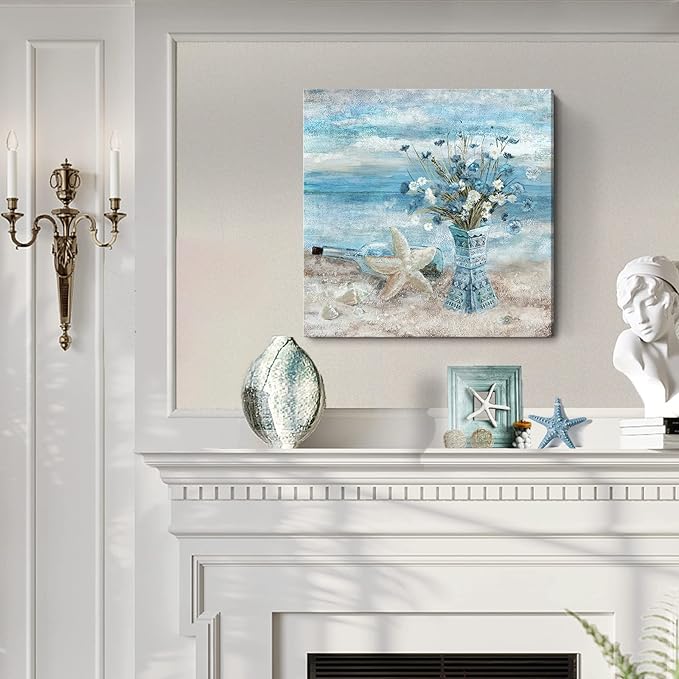 Large Canvas Wall Art for Living Room Blue Beach Wall Decor Ocean Theme Print Seaside Framed Artwork for Bedroom Bathroom Abstract Seascape Painting Coastal Flower Picture Home Office Decor 30x30inch